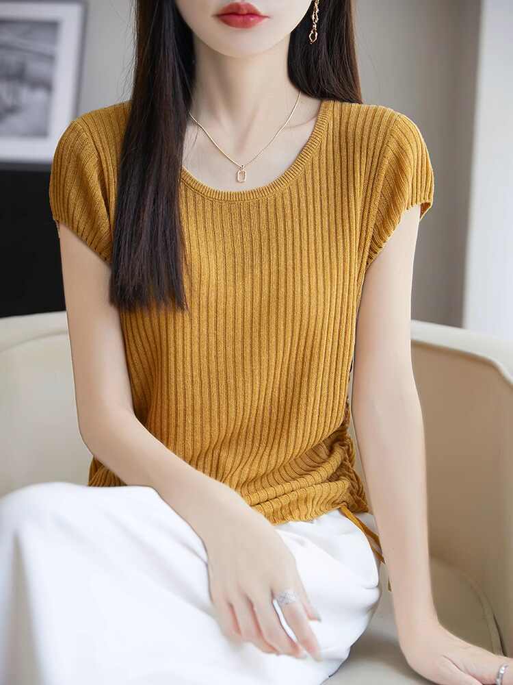 針織抽繩小飛袖T恤女夏薄收腰顯瘦上衣短袖休閑t恤針織衫女