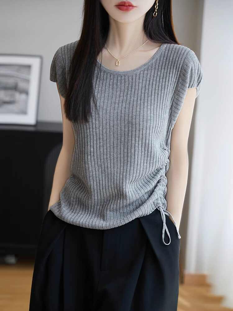 針織抽繩小飛袖T恤女夏薄收腰顯瘦上衣短袖休閑t恤針織衫女