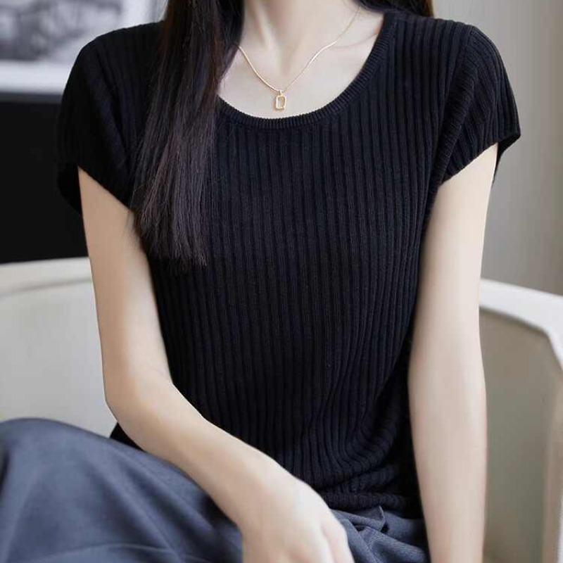 針織抽繩小飛袖T恤女夏薄收腰顯瘦上衣短袖休閑t恤針織衫女