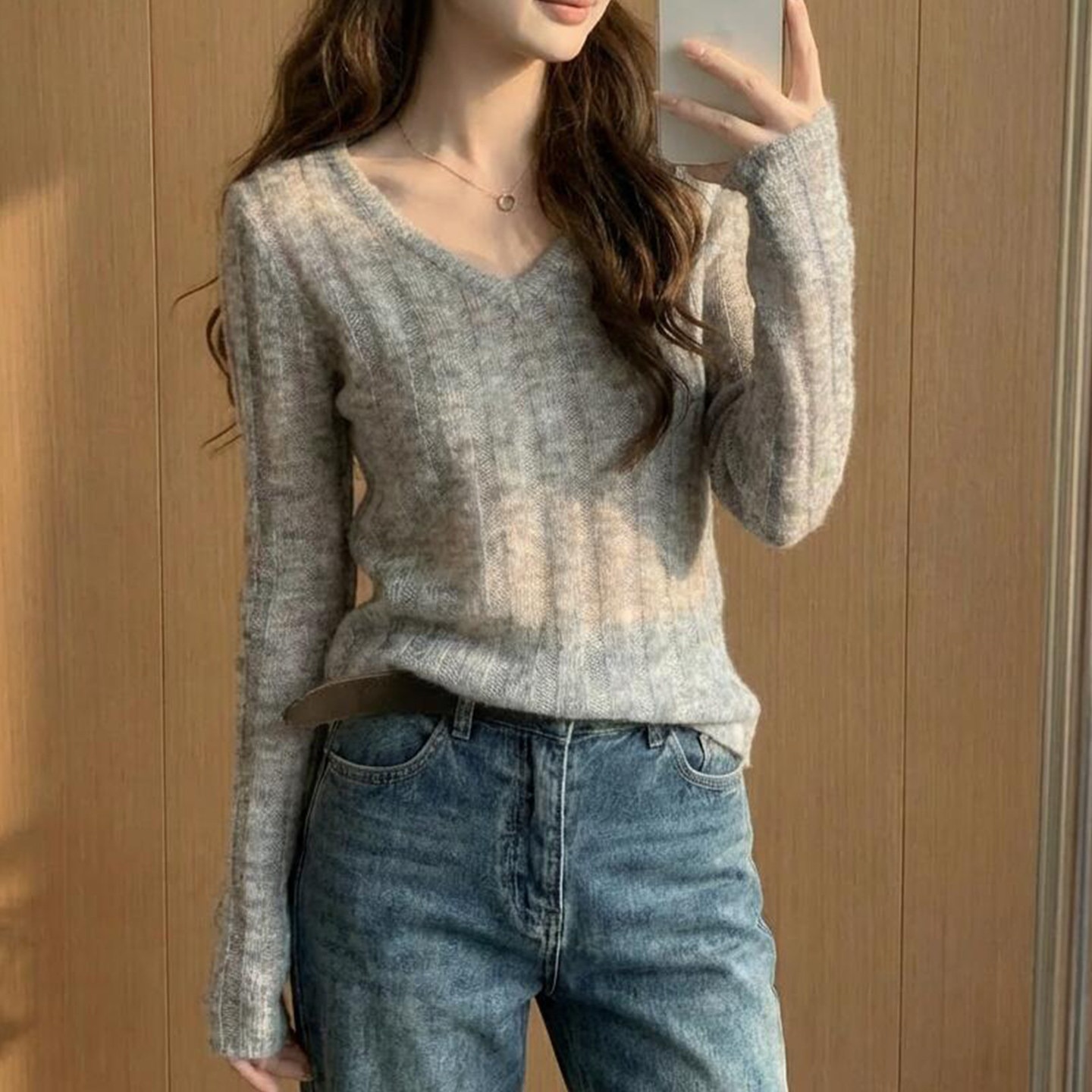 韓系漂亮V領空調衫針織打底衫女春夏裝超好看休閑薄款小上衣女