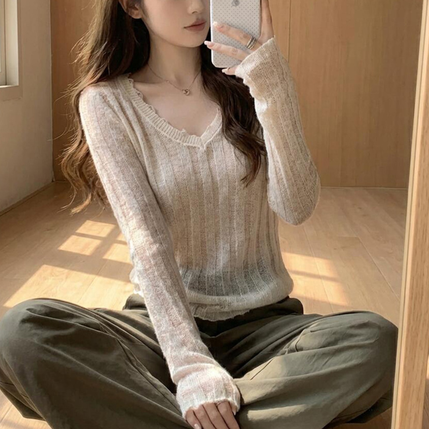 韓系漂亮V領空調衫針織打底衫女春夏裝超好看休閑薄款小上衣女