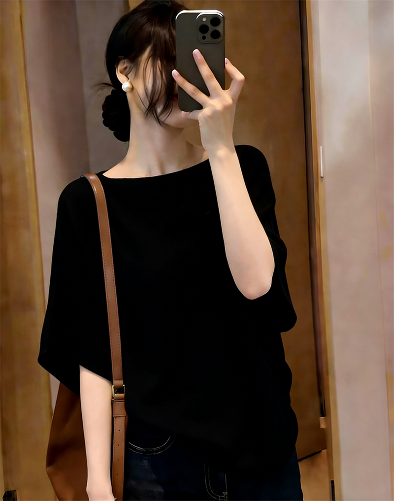 韓系漂亮設計感咖色半袖上衣女夏季絕美巨好看的冰絲針織短袖t恤