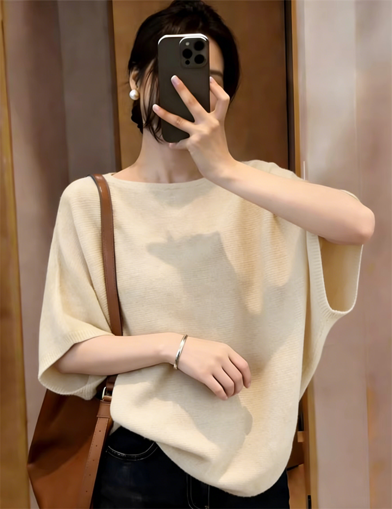 韓系漂亮設計感咖色半袖上衣女夏季絕美巨好看的冰絲針織短袖t恤
