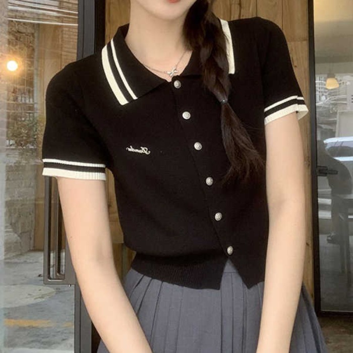 夏季新款法式學院風針織短袖polo衫女翻領顯瘦百搭氣質通勤上衣
