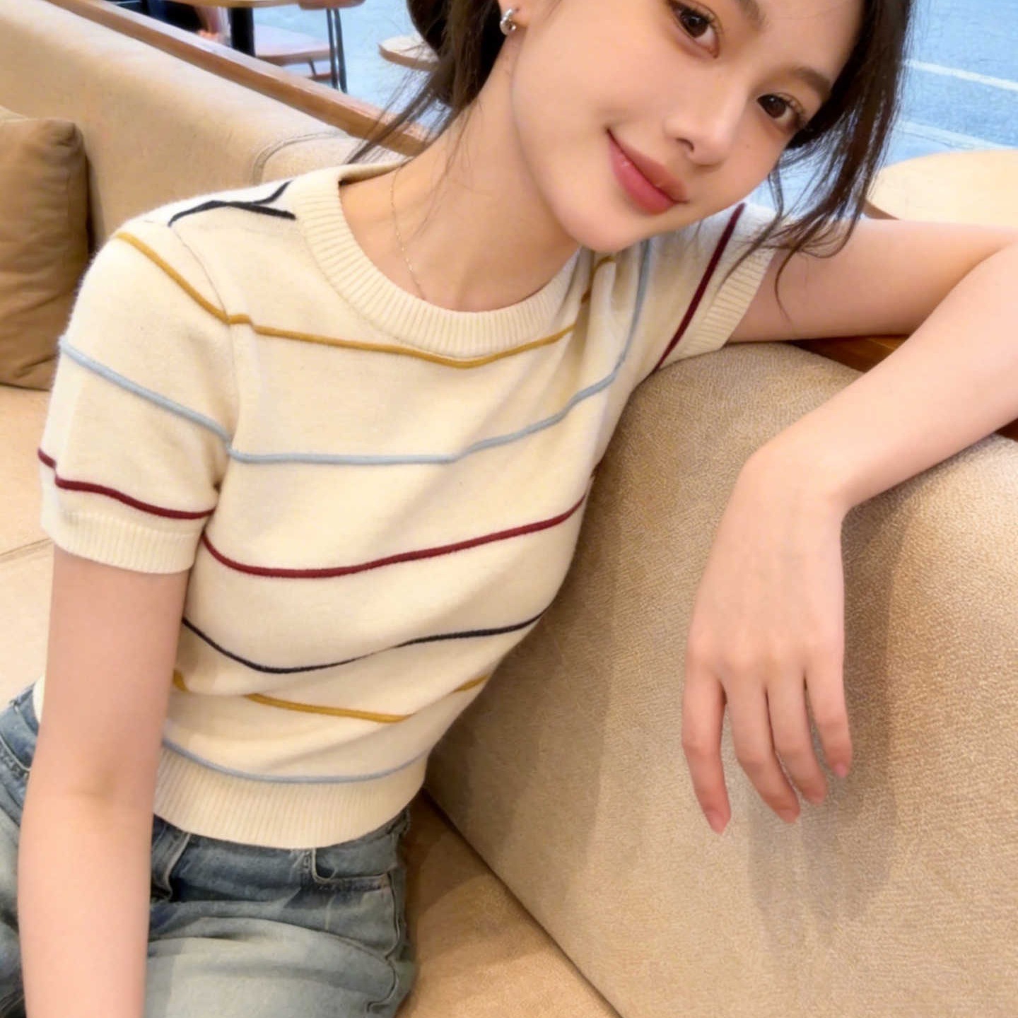 韓系甜美學院風杏色圓領條紋短袖針織衫女春夏季穿搭內搭打底上衣