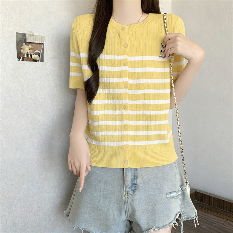 冰絲條紋短袖針織開衫女夏季胖MM設計感圓領小熊刺繡寬松上衣女