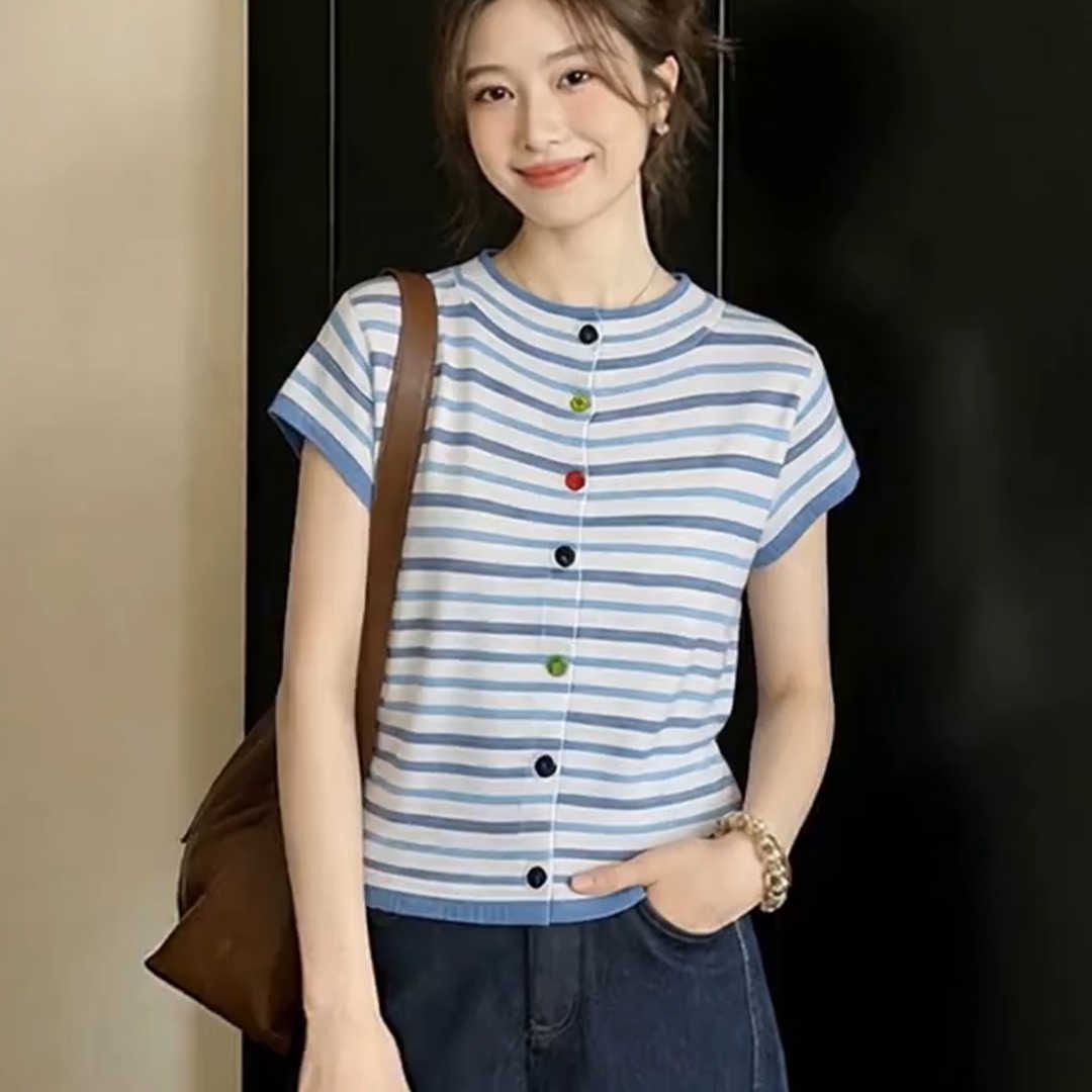 撞色條紋短袖t恤女2026新款夏季大碼胖mm修身顯瘦氣質針織衫上衣