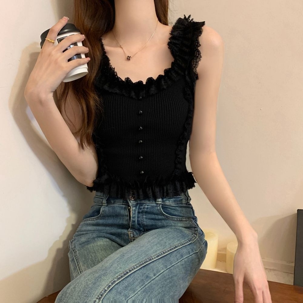 純欲甜辣蕾絲花邊吊帶背心女夏辣妹修身顯瘦針織打底無袖美背上衣