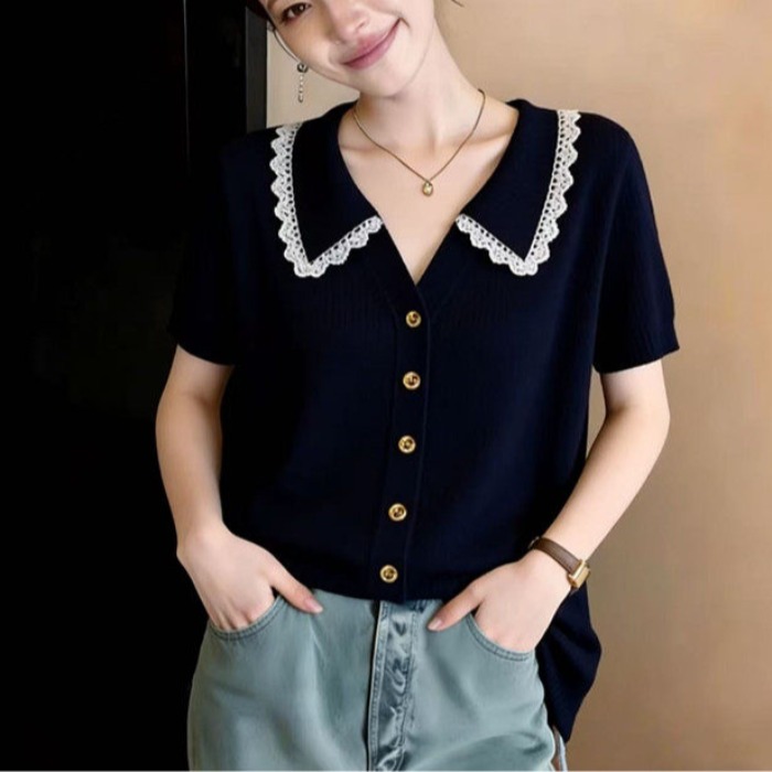 蕾絲娃娃領正肩短袖T恤女2026夏季新款小衫大碼胖mm洋氣減齡上衣