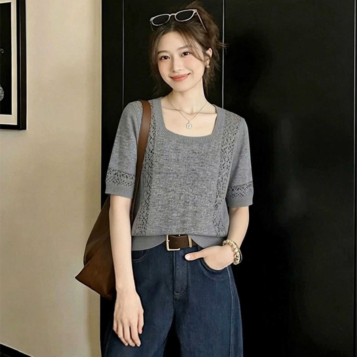 2026夏季新款法式松弛感正肩方領鏤空短袖上衣氣質絕美別致針織衫