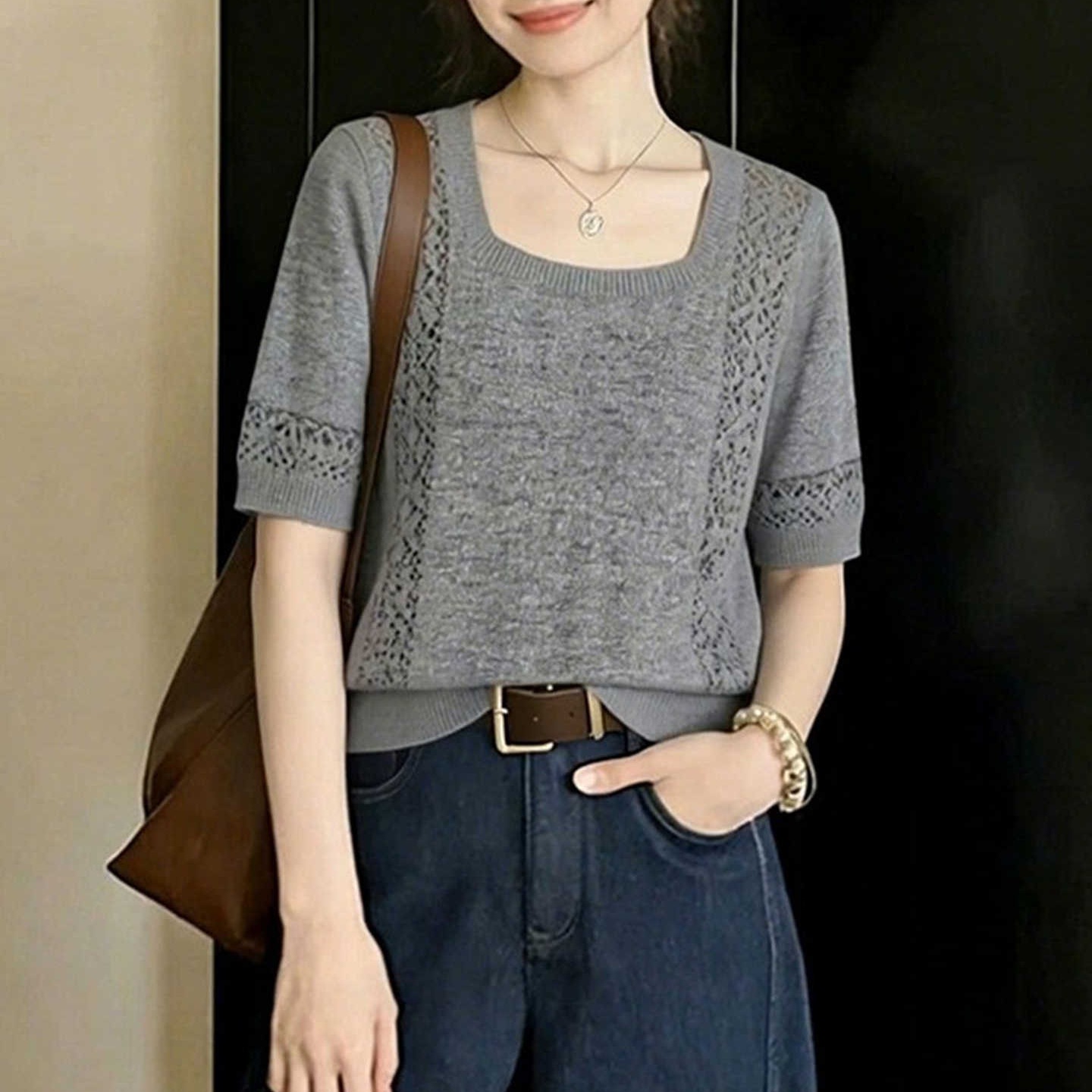 2026夏季新款法式松弛感正肩方領鏤空短袖上衣氣質絕美別致針織衫