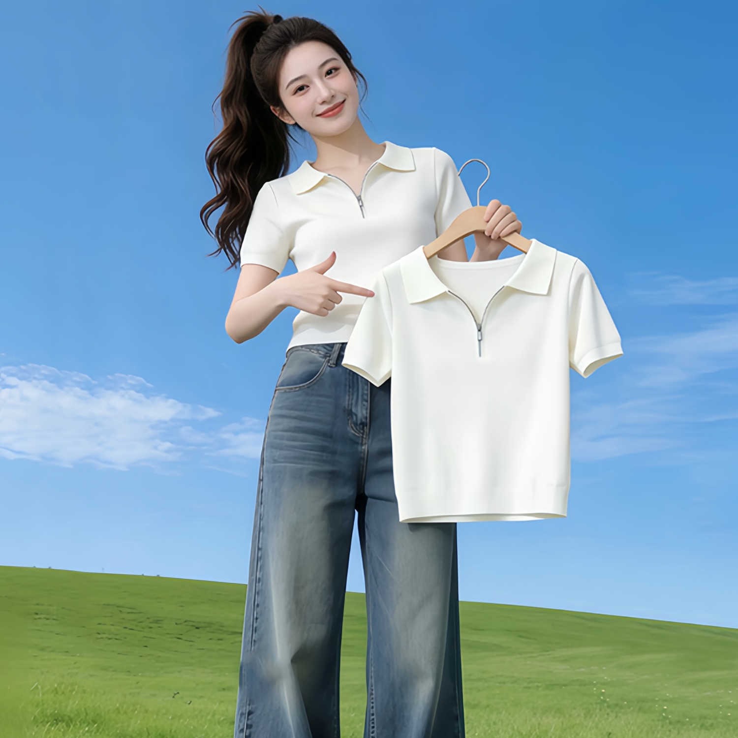 小個子polo領半拉鏈短袖T恤女士2026夏季新款設計感正肩短款上衣