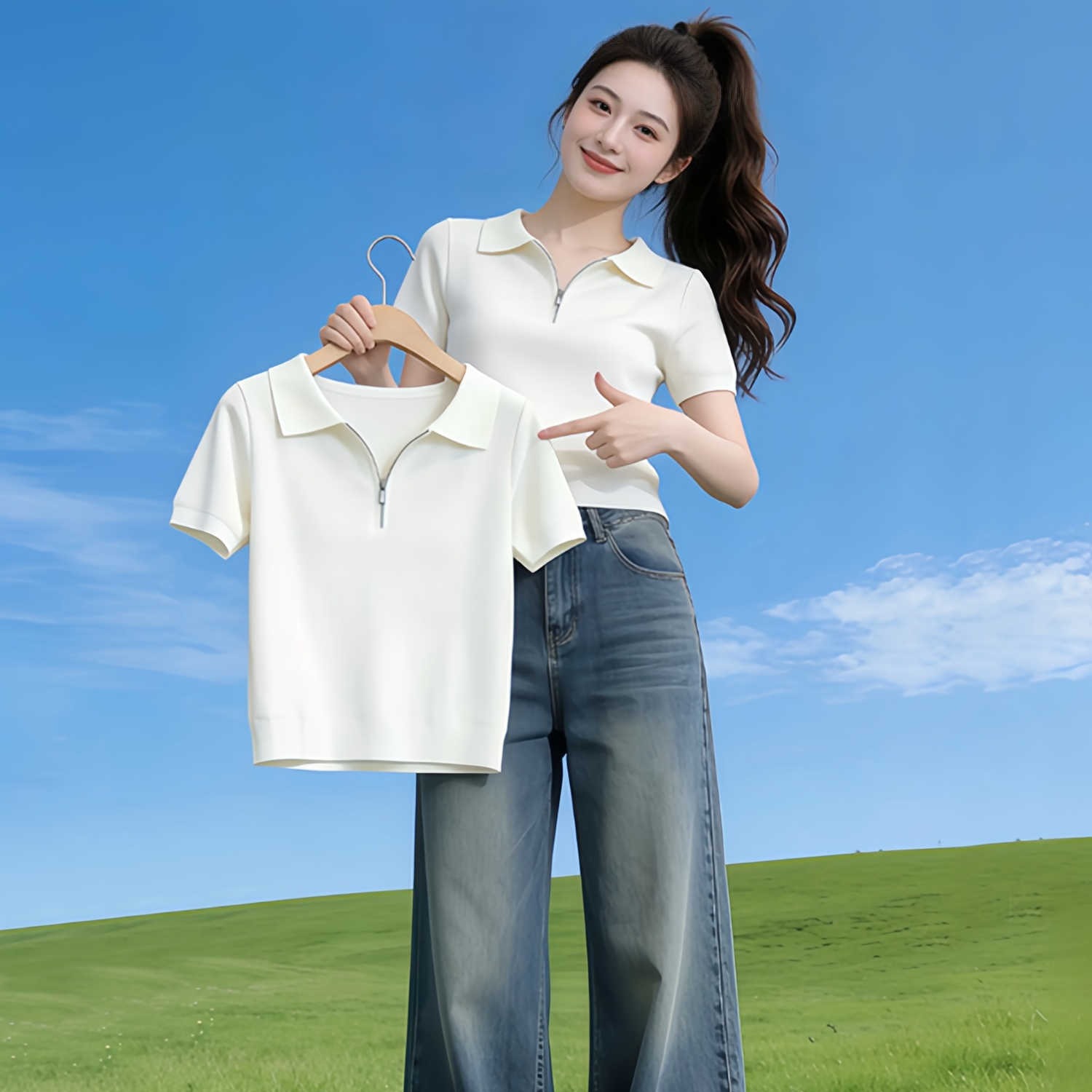小個子polo領半拉鏈短袖T恤女士2026夏季新款設計感正肩短款上衣