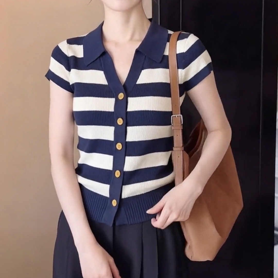 藍色條紋撞色翻領短袖針織T恤2026夏季新款顯瘦通勤時尚氣質上衣