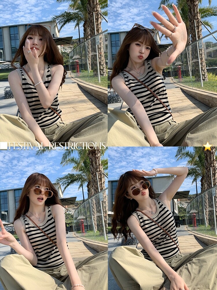 條紋背心女內搭新款夏外穿高級感打底吊帶寬松無袖針織小上衣