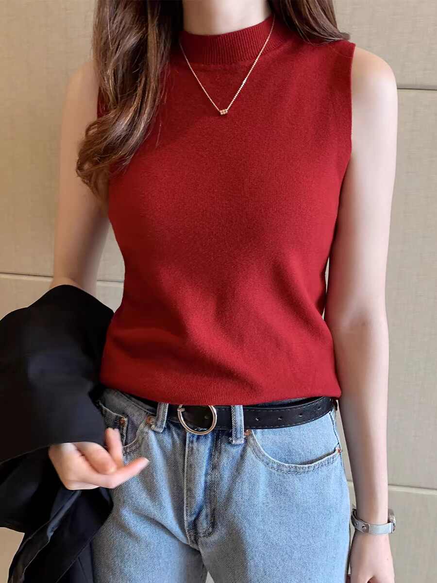 白色背心冰絲針織衫t恤女2026春夏季外穿半高領打底短款無袖上衣