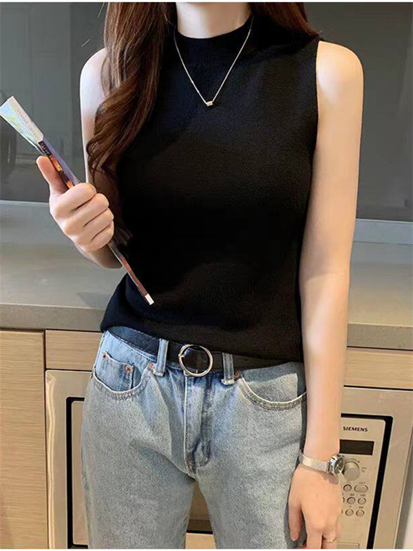 白色背心冰絲針織衫t恤女2026春夏季外穿半高領打底短款無袖上衣