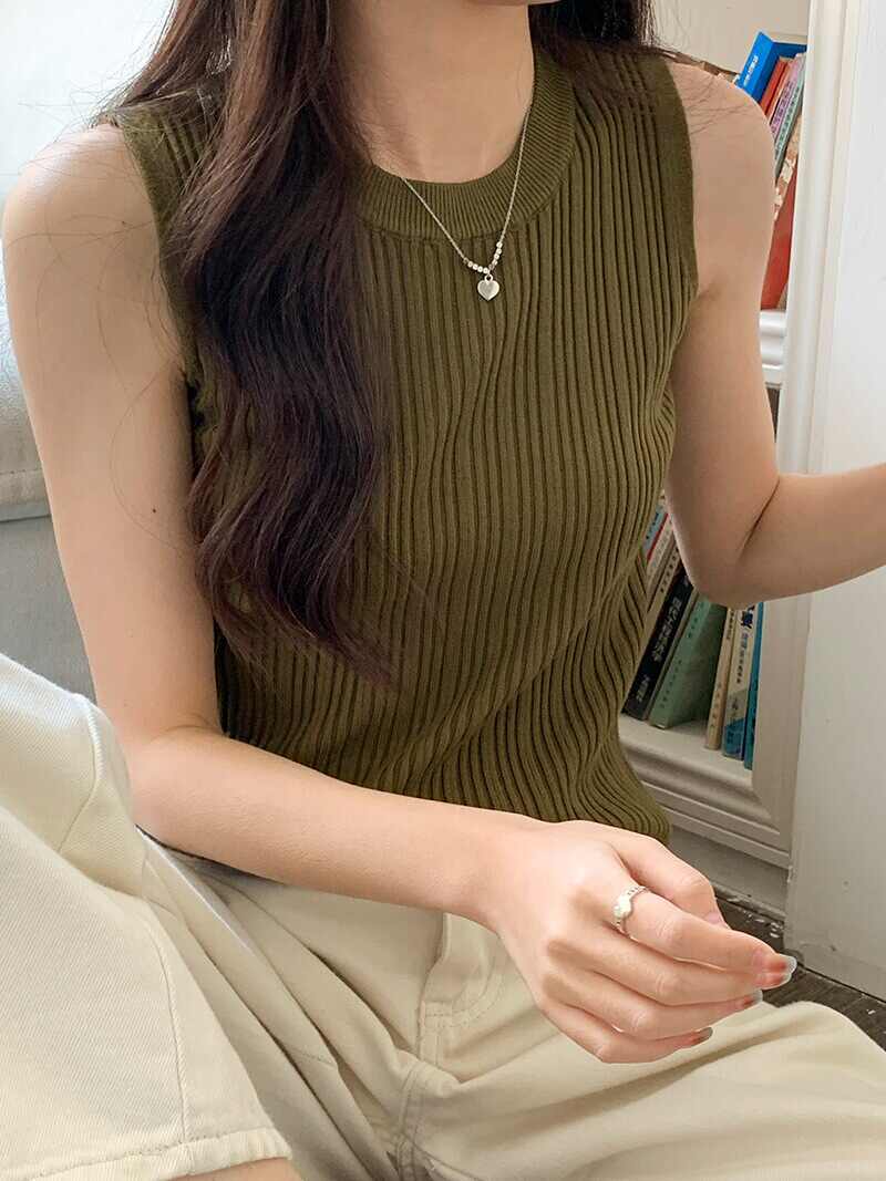 肌理感坑條針織背心女春夏修身顯瘦冰絲短款上衣外穿無袖吊帶