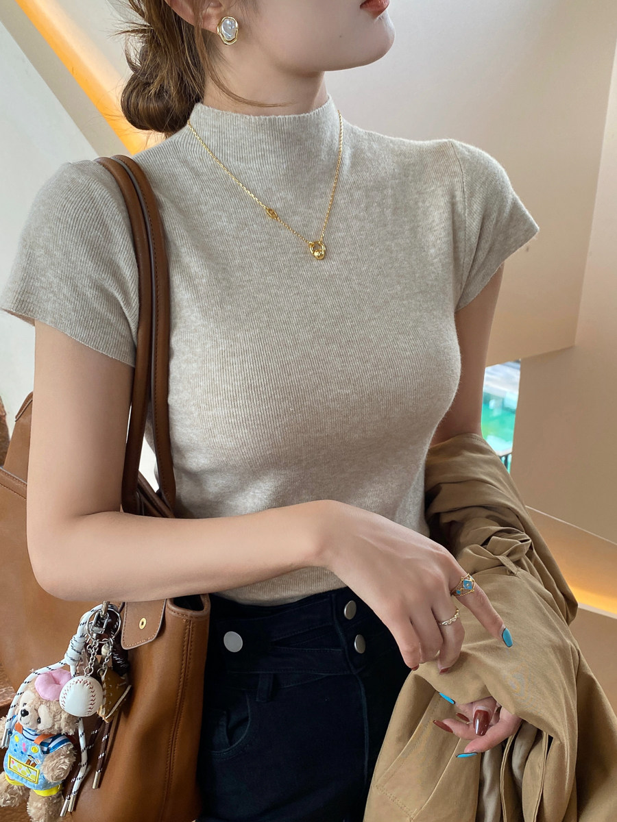 半高領短袖T恤女外穿內搭打底新款氣質穿搭高級針織小上衣