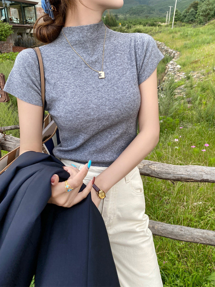 半高領短袖T恤女外穿內搭打底新款氣質穿搭高級針織小上衣