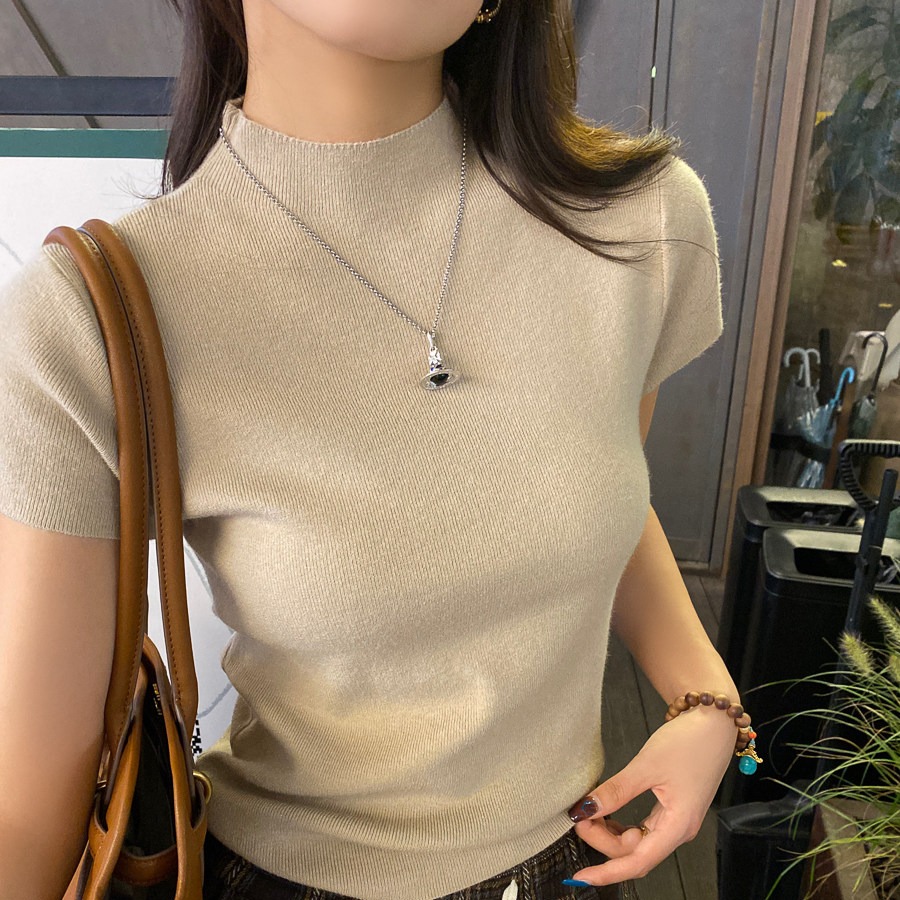 半高領短袖T恤女外穿內搭打底新款氣質穿搭高級針織小上衣