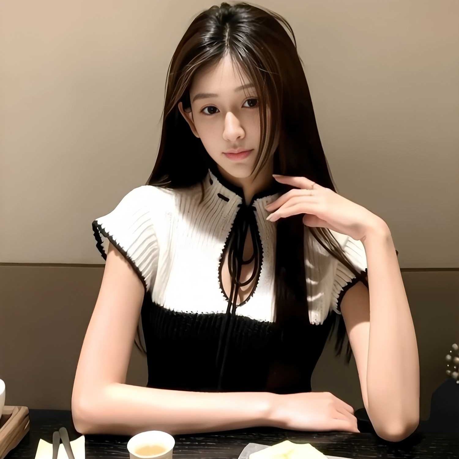 純欲辣妹半高領系帶鏤空短袖針織衫女秋冬氣質小香風撞色拼接上衣