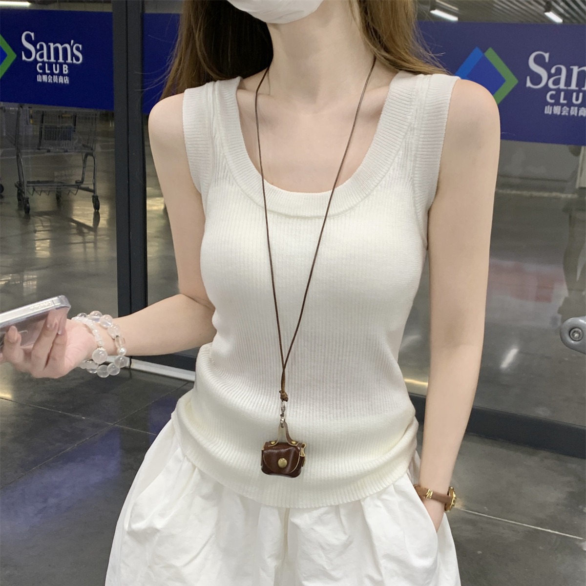 2026夏季新款女裝韓版純欲方領U型工字型百搭無袖背心T恤灰色上衣