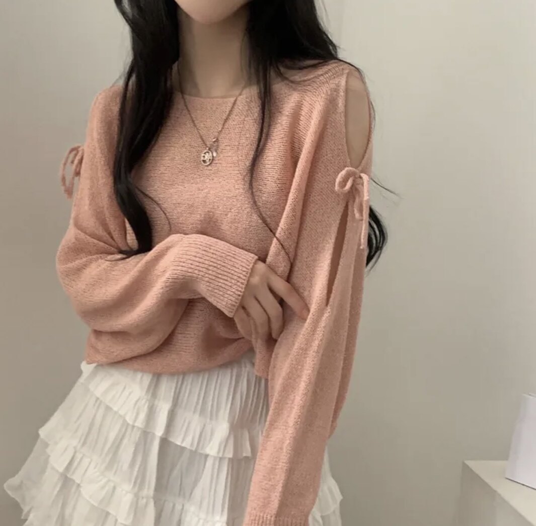 韓國chic夏季系帶鏤空露肩寬松透視薄款防曬針織衫套頭罩衫上衣女