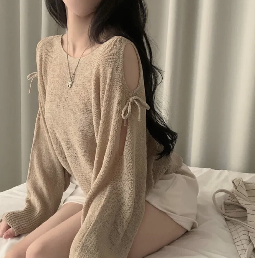 韓國chic夏季系帶鏤空露肩寬松透視薄款防曬針織衫套頭罩衫上衣女