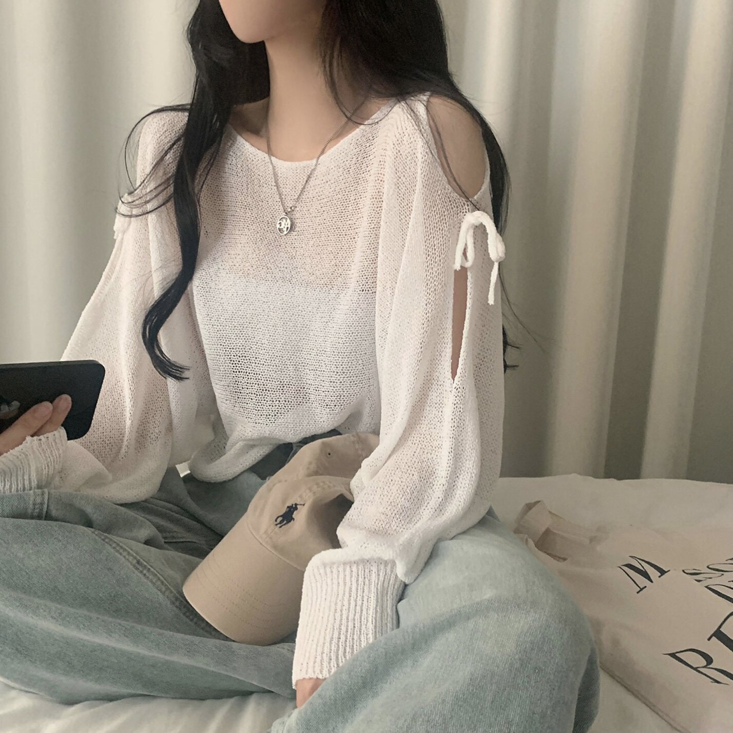 韓國chic夏季系帶鏤空露肩寬松透視薄款防曬針織衫套頭罩衫上衣女
