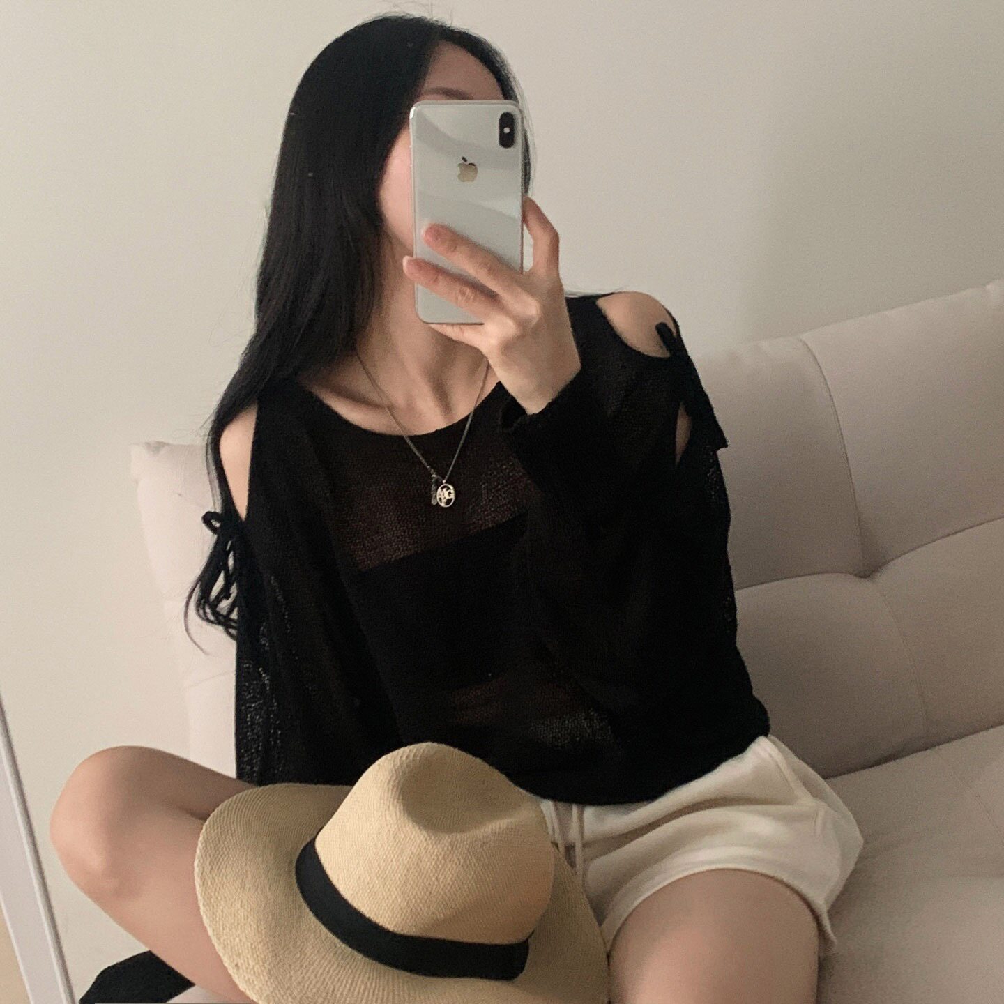 韓國chic夏季系帶鏤空露肩寬松透視薄款防曬針織衫套頭罩衫上衣女