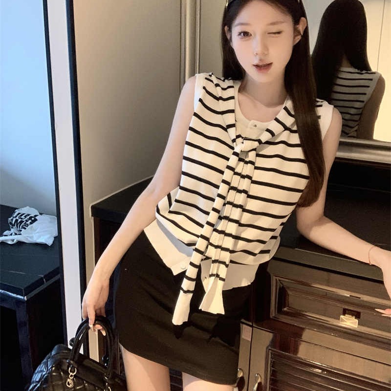 韓系設計感假兩件披肩條紋無袖針織開衫上衣女夏小眾別致針織背心
