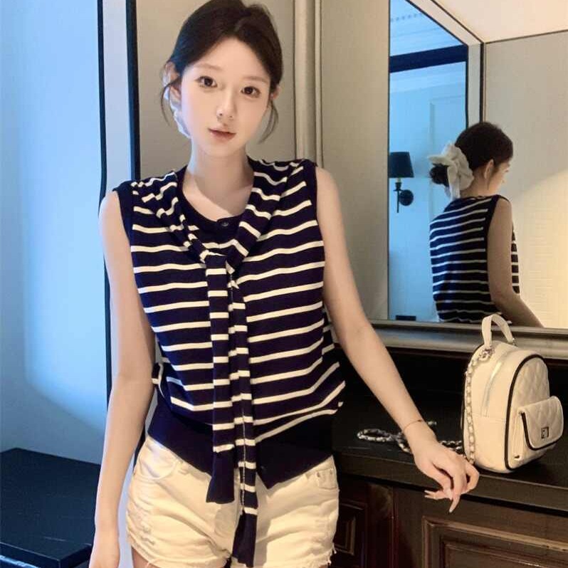 韓系設計感假兩件披肩條紋無袖針織開衫上衣女夏小眾別致針織背心