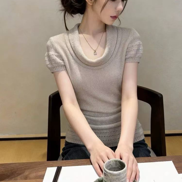 韓系堆堆領短袖上衣女2026春季獨特針織衫設計感亮閃閃顯瘦T恤