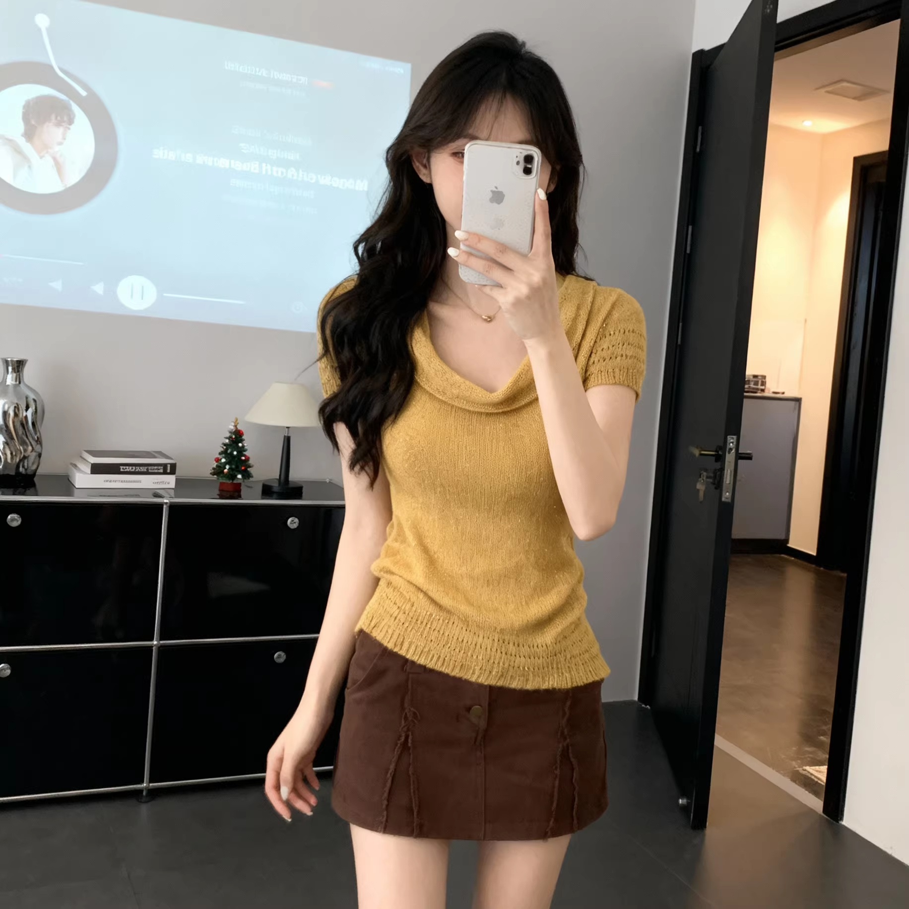 韓系堆堆領短袖上衣女2026春季獨特針織衫設計感亮閃閃顯瘦T恤