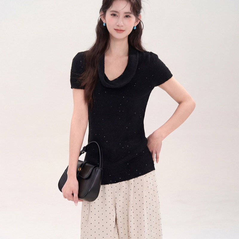 韓系堆堆領短袖上衣女2026春季獨特針織衫設計感亮閃閃顯瘦T恤