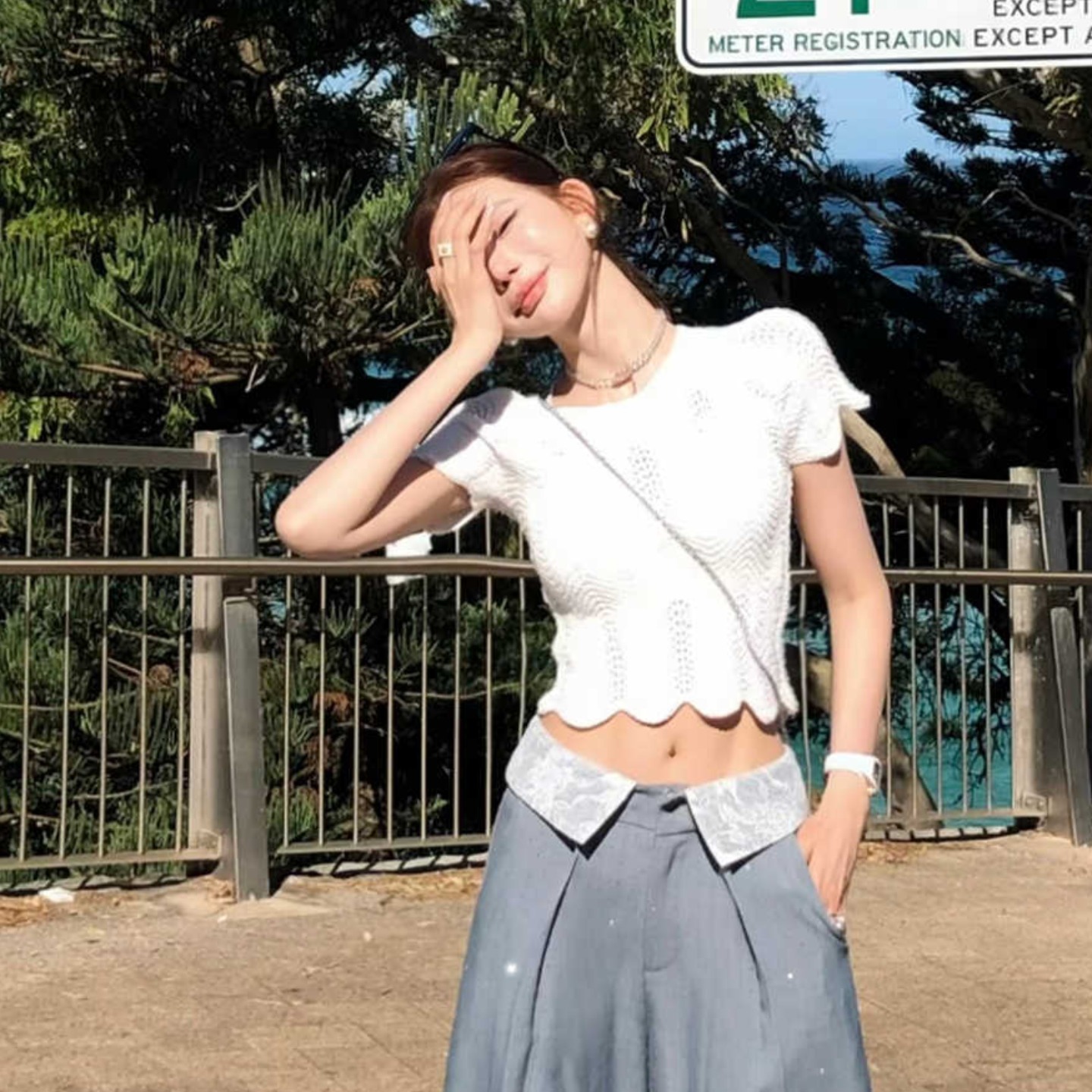 時尚別致波浪修身針織短袖T恤女夏季新款辣妹風鏤空露臍短款上衣
