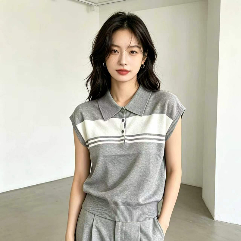 新款寬松大碼撞色條紋Polo領冰絲針織衫女夏顯瘦百搭時髦T恤上