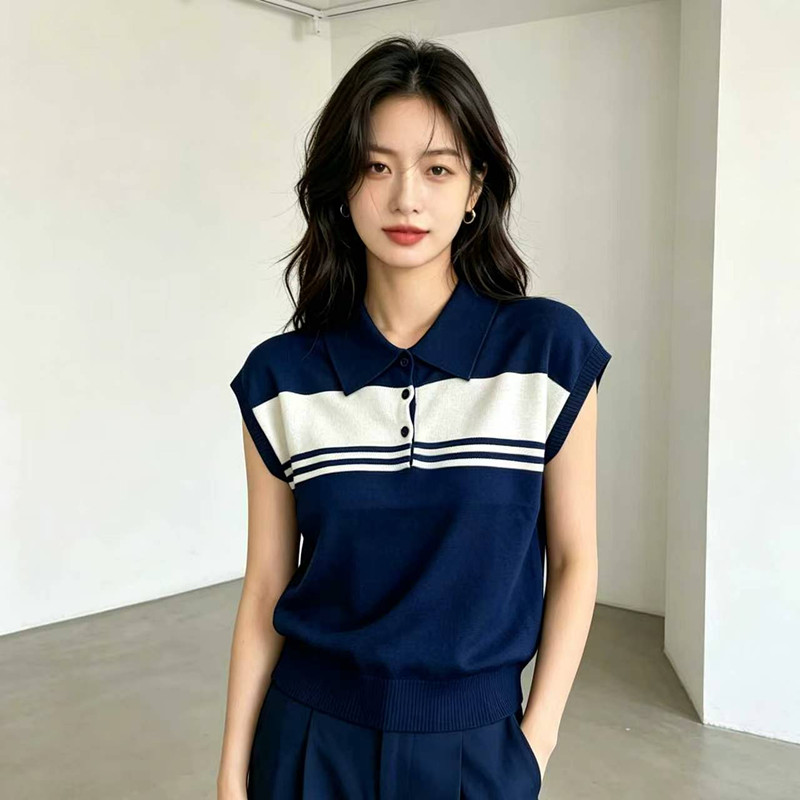 新款寬松大碼撞色條紋Polo領冰絲針織衫女夏顯瘦百搭時髦T恤上