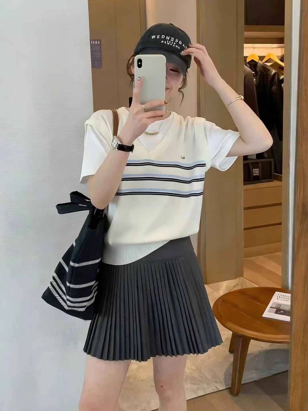 學院風撞色條紋圓領假兩件冰絲短袖針織衫女夏季小個子設計感上衣