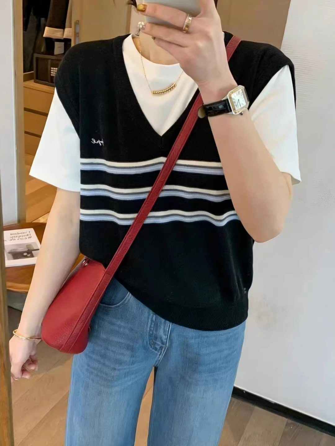 學院風撞色條紋圓領假兩件冰絲短袖針織衫女夏季小個子設計感上衣