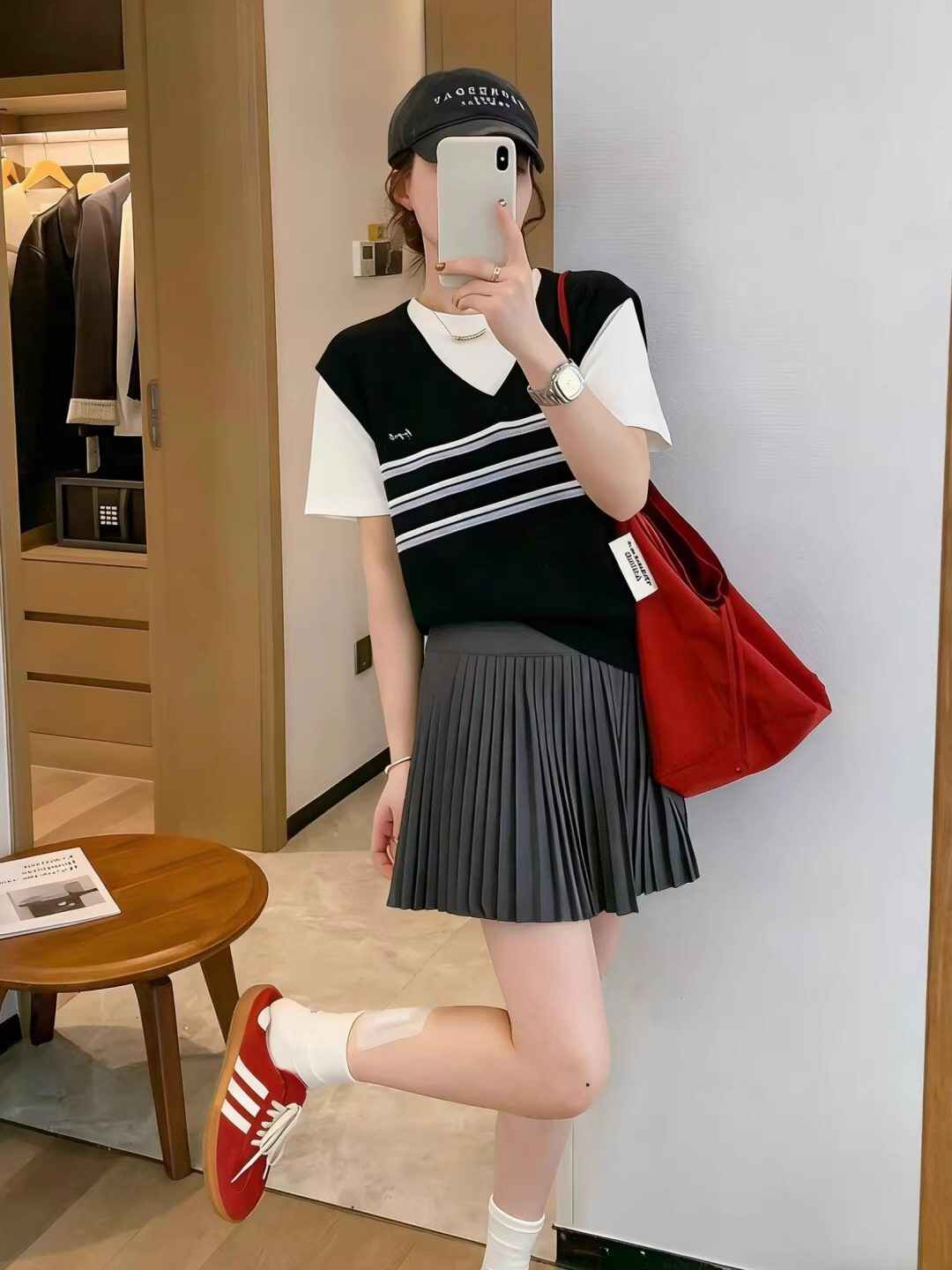 學院風撞色條紋圓領假兩件冰絲短袖針織衫女夏季小個子設計感上衣