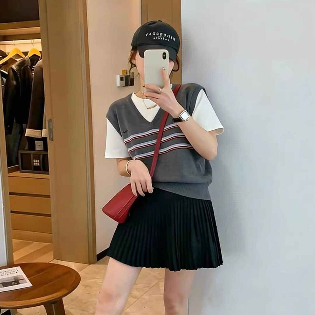 學院風撞色條紋圓領假兩件冰絲短袖針織衫女夏季小個子設計感上衣