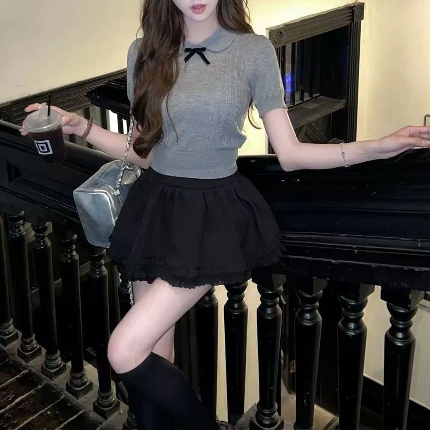少女心事娃娃領蝴蝶結學院風超火減齡顯瘦甜美薄款短袖針織上衣女