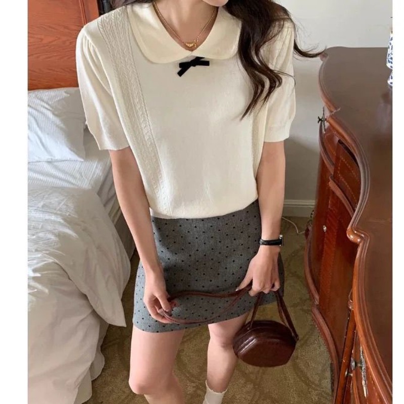 少女心事娃娃領蝴蝶結學院風超火減齡顯瘦甜美薄款短袖針織上衣女