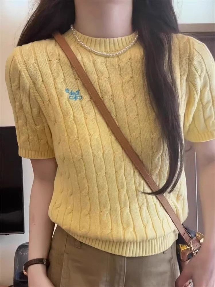 韓系chic灰色刺繡麻花針織短袖t恤女夏季小個子修身短款正肩上衣