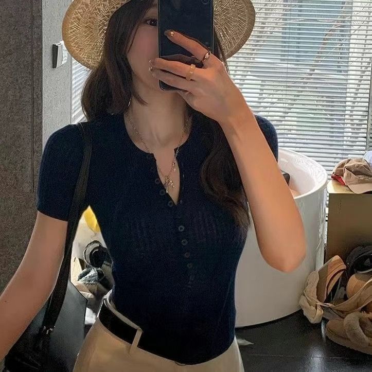 針織短袖t恤女夏季薄款亨利衫獨特漂亮超好看的單穿正肩上衣