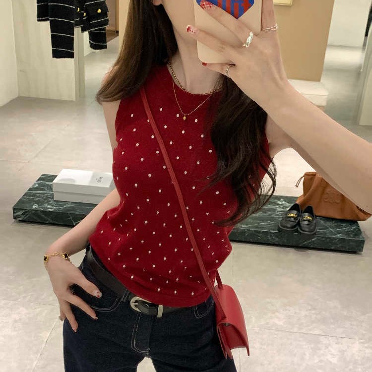 甜美可愛波點吊帶背心女夏季新款學院風小個子修身顯瘦高無袖上衣