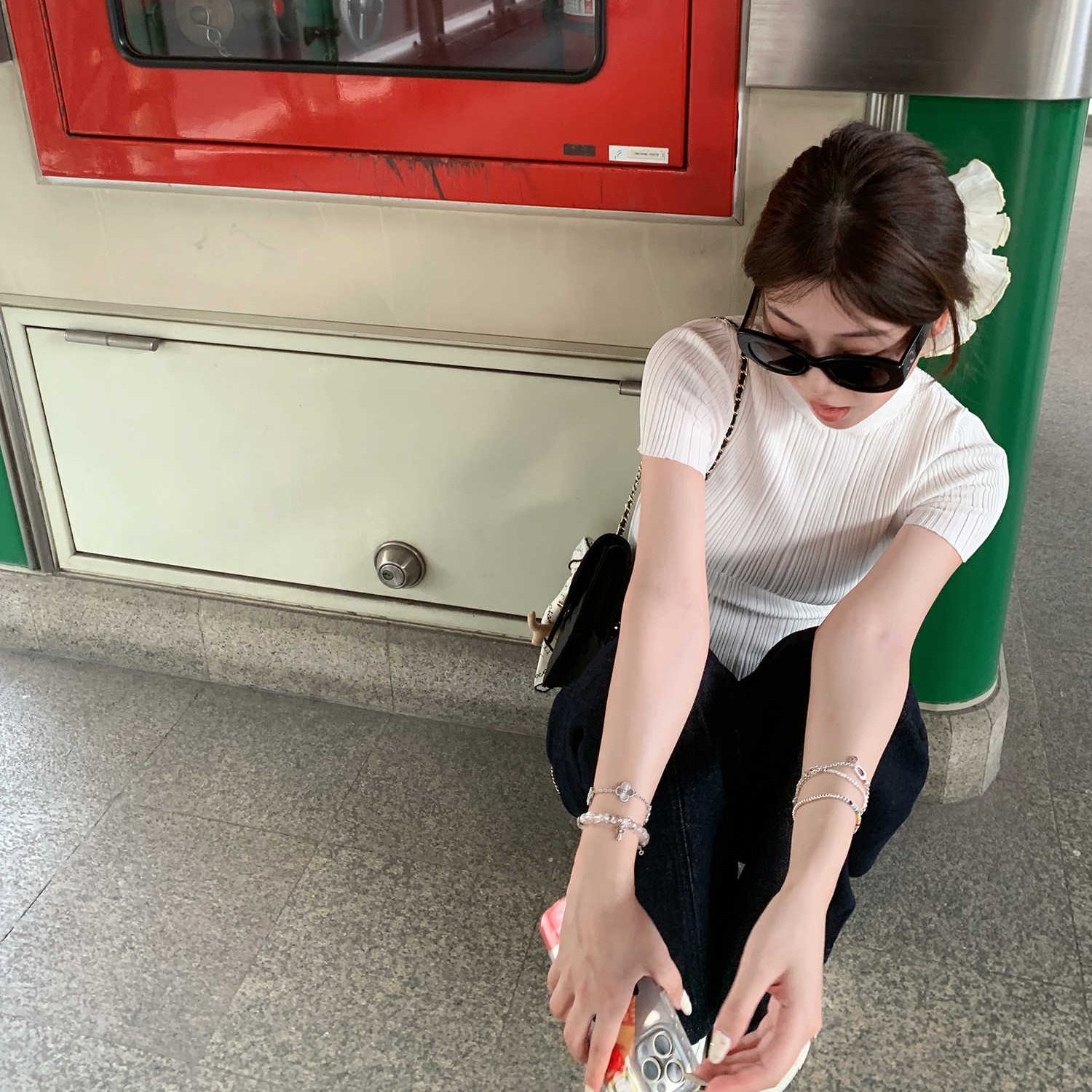 妮妮outfit 冰絲上衣微透肌理感高彈力針織短袖女夏