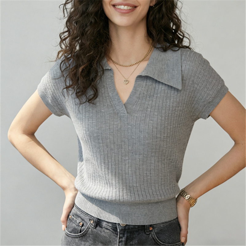 老錢風V領坑條短袖T恤女針織衫夏季新款顯瘦修身百搭休閑上衣